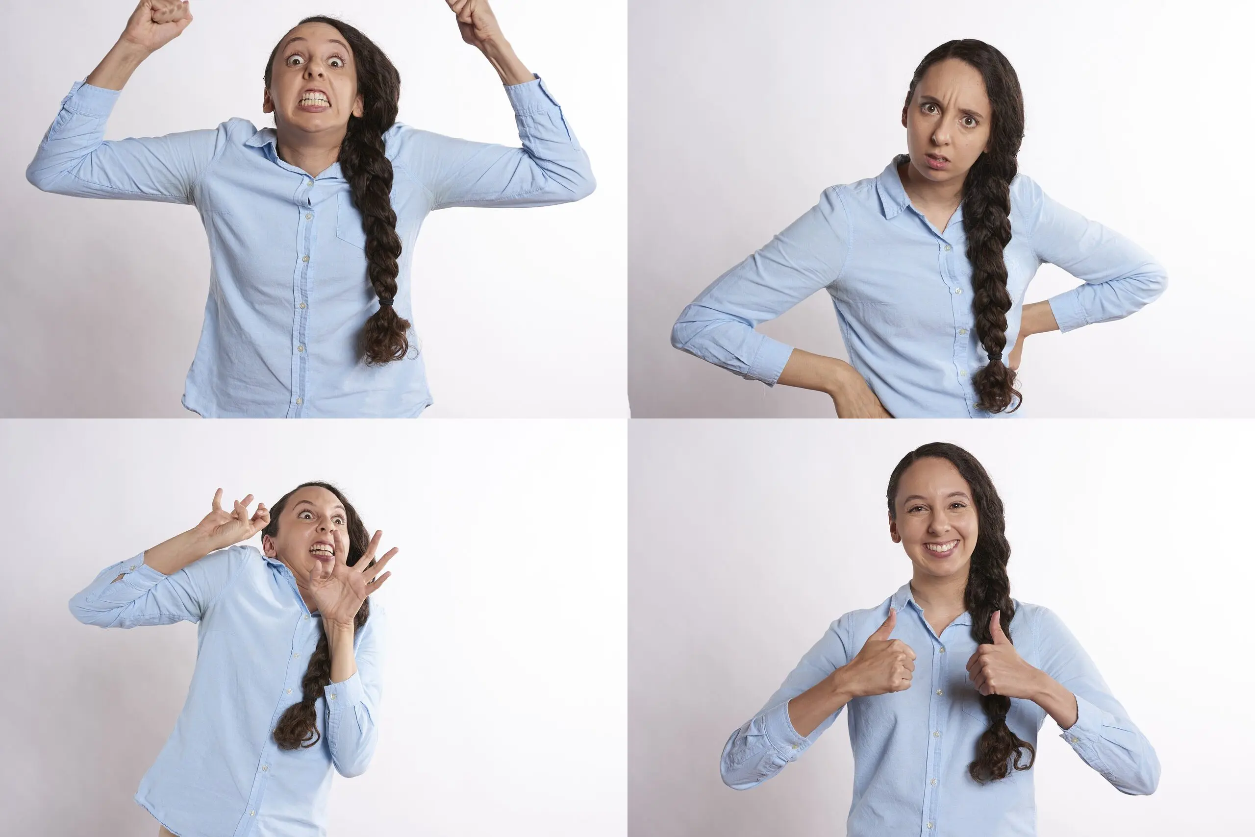 Femme exprimant diverses émotions en chemise bleue